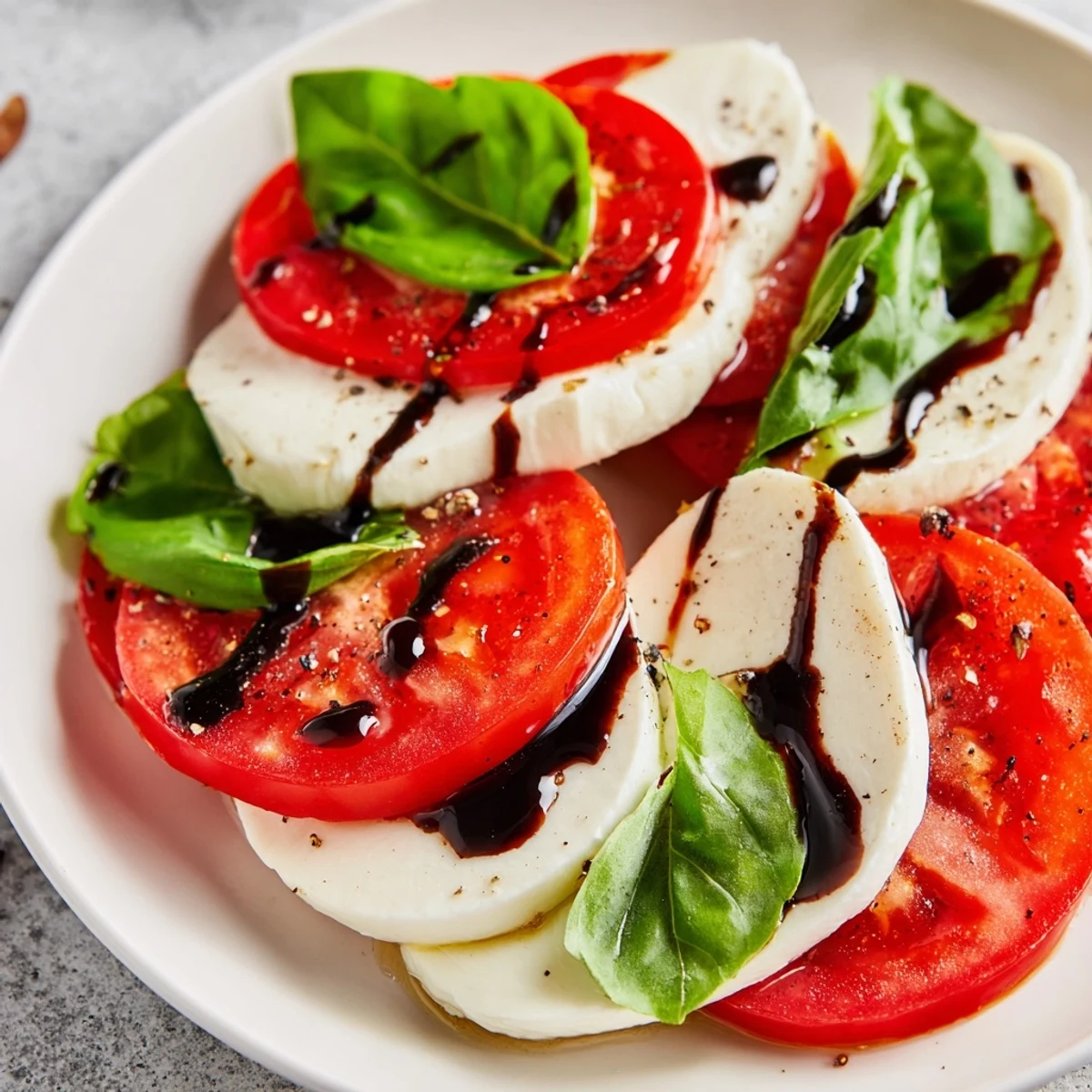 Fresh mozzarella hearts and vibrant tomatoes arranged for Valentine Caprese Salad with Balsamic Glaze, garnished with basil on white plates.
