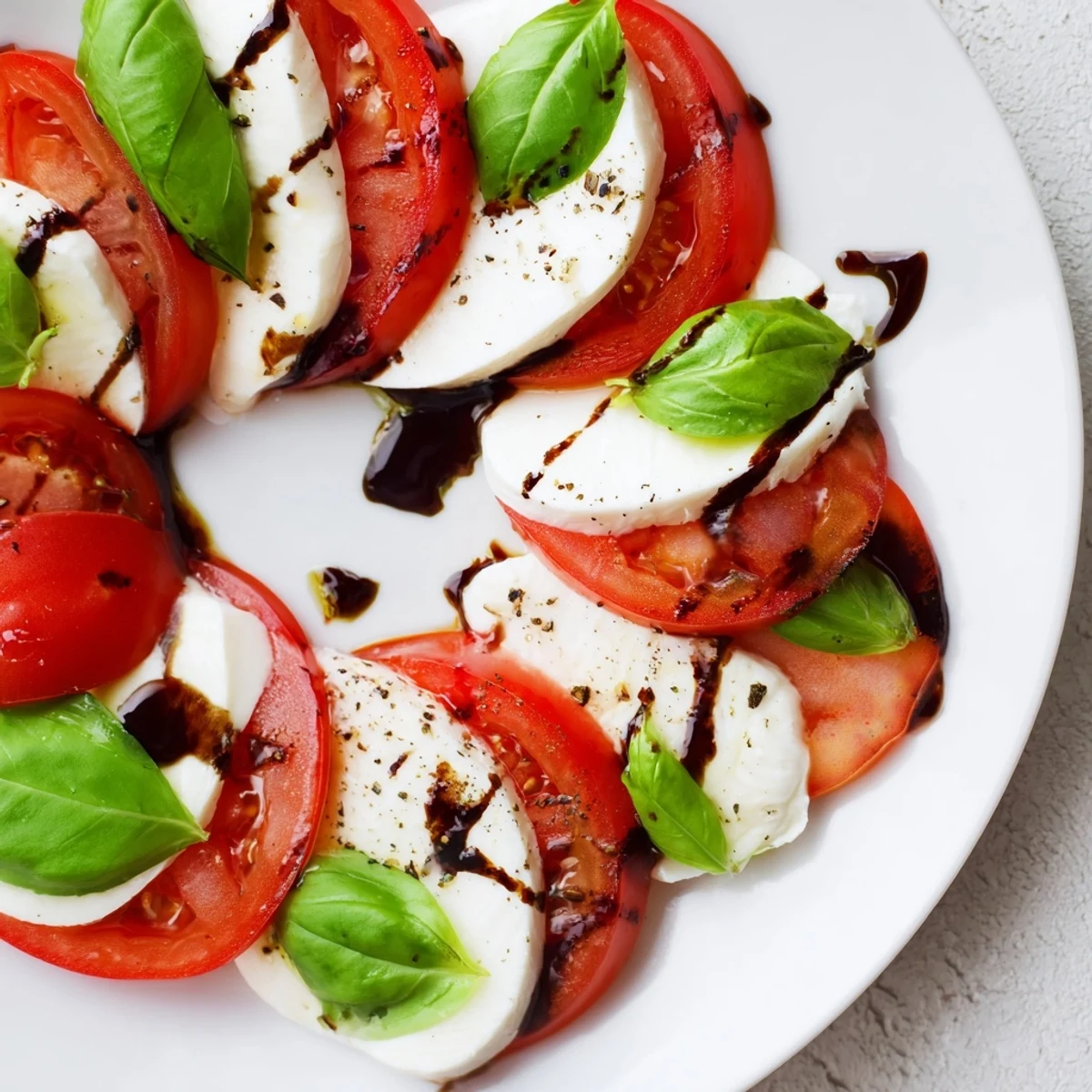 Close-up of Valentine Caprese Salad with Balsamic Glaze featuring ripe tomato rounds, mozzarella hearts, and glossy balsamic drizzle.