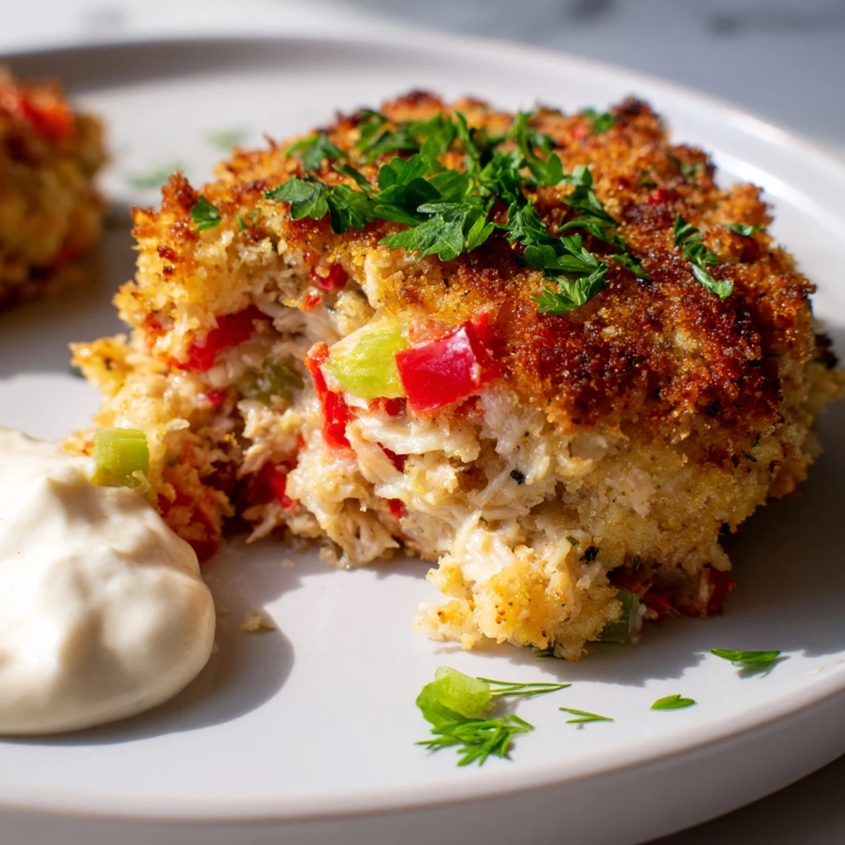 Golden-brown Mardi Gras Crab Cakes with Tartar Sauce are pan-fried to crispy perfection and served hot on a plate.