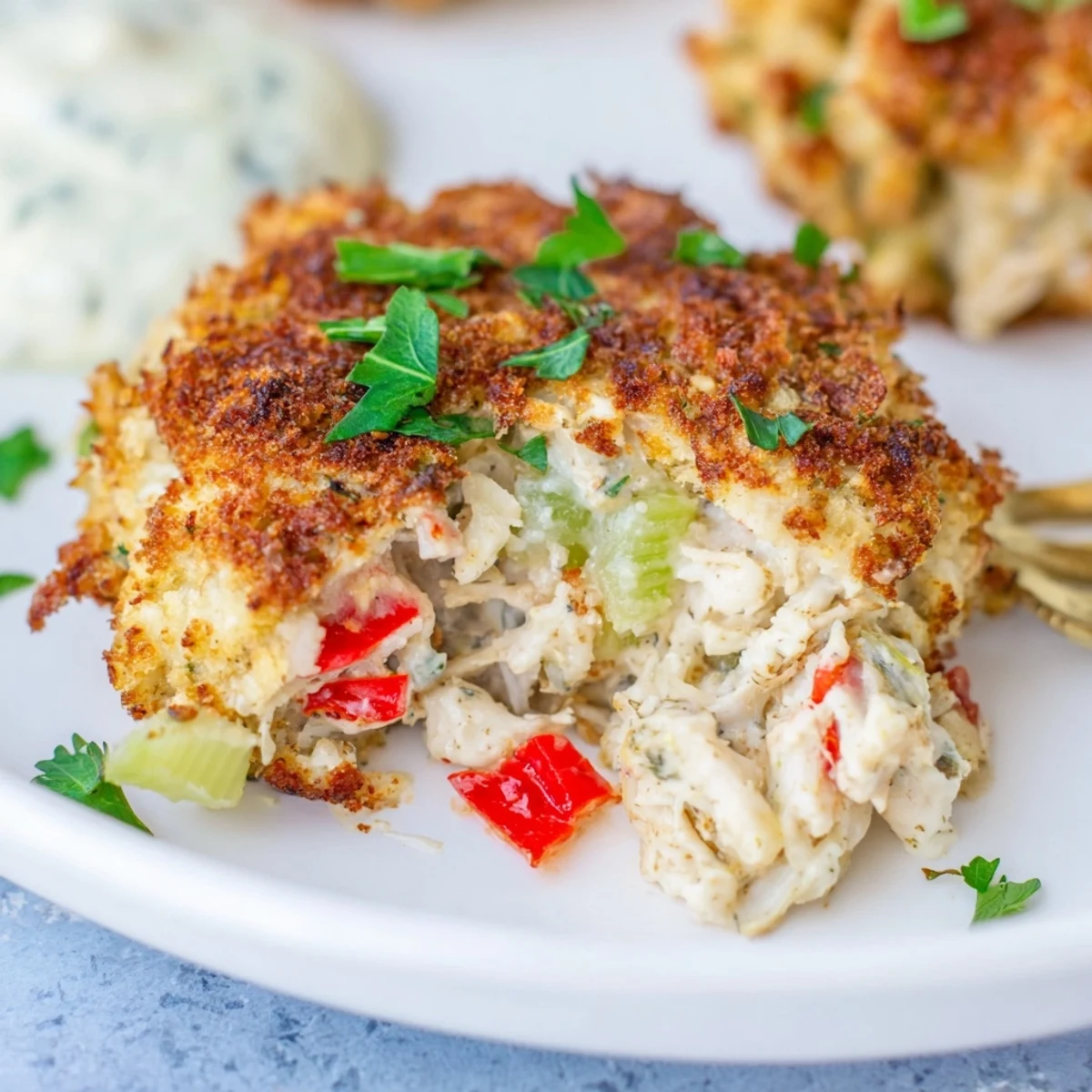 Two Mardi Gras Crab Cakes with Tartar Sauce sit beside lemon wedges on a rustic wooden table.