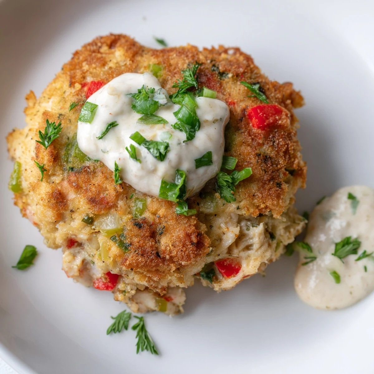 Platter of golden Mardi Gras Crab Cakes with Tartar Sauce and fresh herbs, ready for a festive appetizer.