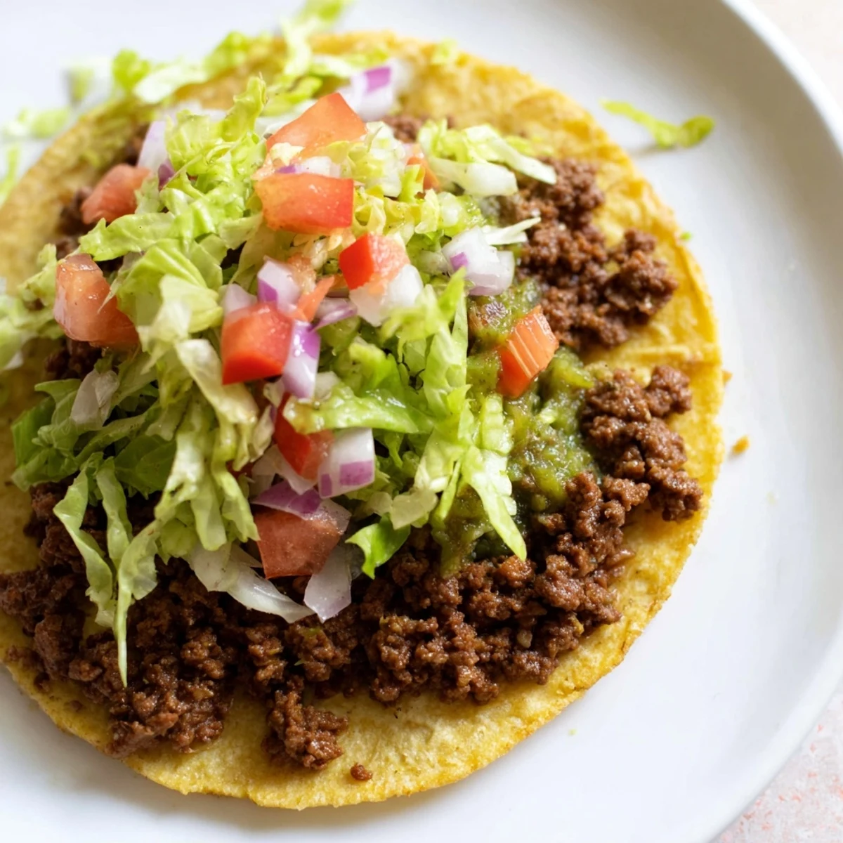 Golden-brown seasoned beef and bright green salsa verde fill warm corn tortillas, garnished with fresh lettuce and diced tomatoes.