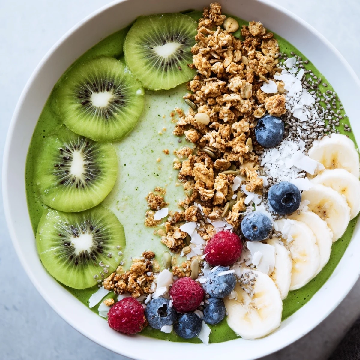 Green Smoothie Bowl with Kiwi and Chia topped with fresh fruit and crunchy granola for a vibrant breakfast.