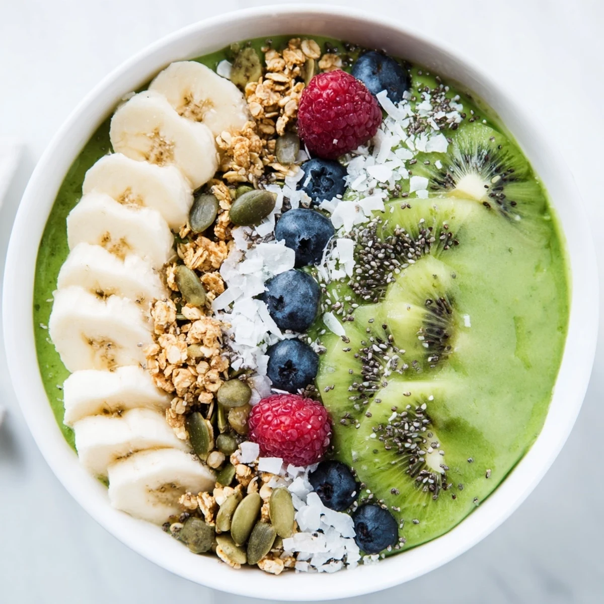 Lush green smoothie bowl featuring sliced kiwi, coconut flakes, and chia seeds in a chilled morning bowl.