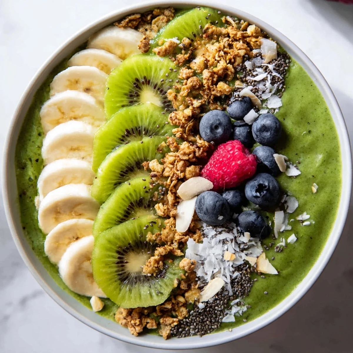 A nourishing Green Smoothie Bowl with Kiwi and Chia layered with banana slices and pumpkin seeds for crunch.