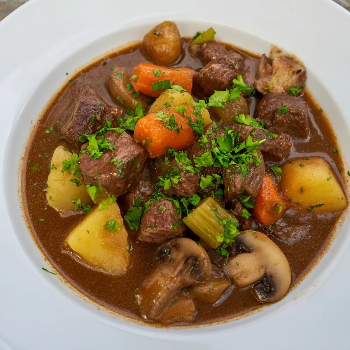 Golden, thick St. Patricks Day Alcohol-Free Guinness-Style Stew steaming in a rustic bowl, served with crusty bread.