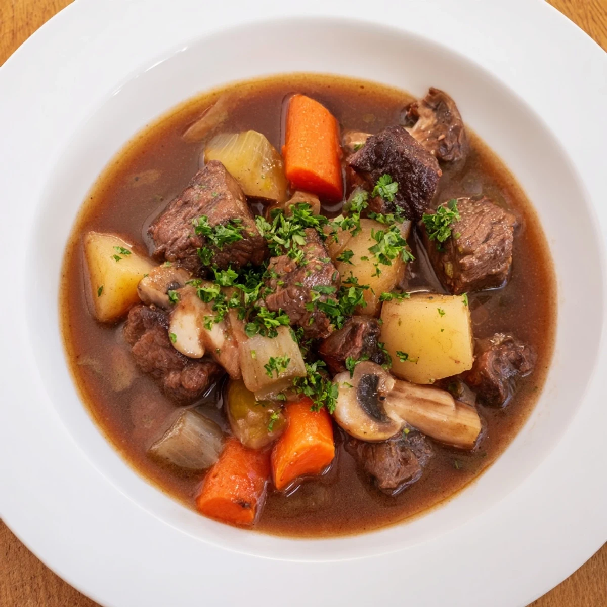 Hearty St. Patricks Day Alcohol-Free Guinness-Style Stew with tender beef, potatoes, and mushrooms in a dark, rich gravy.