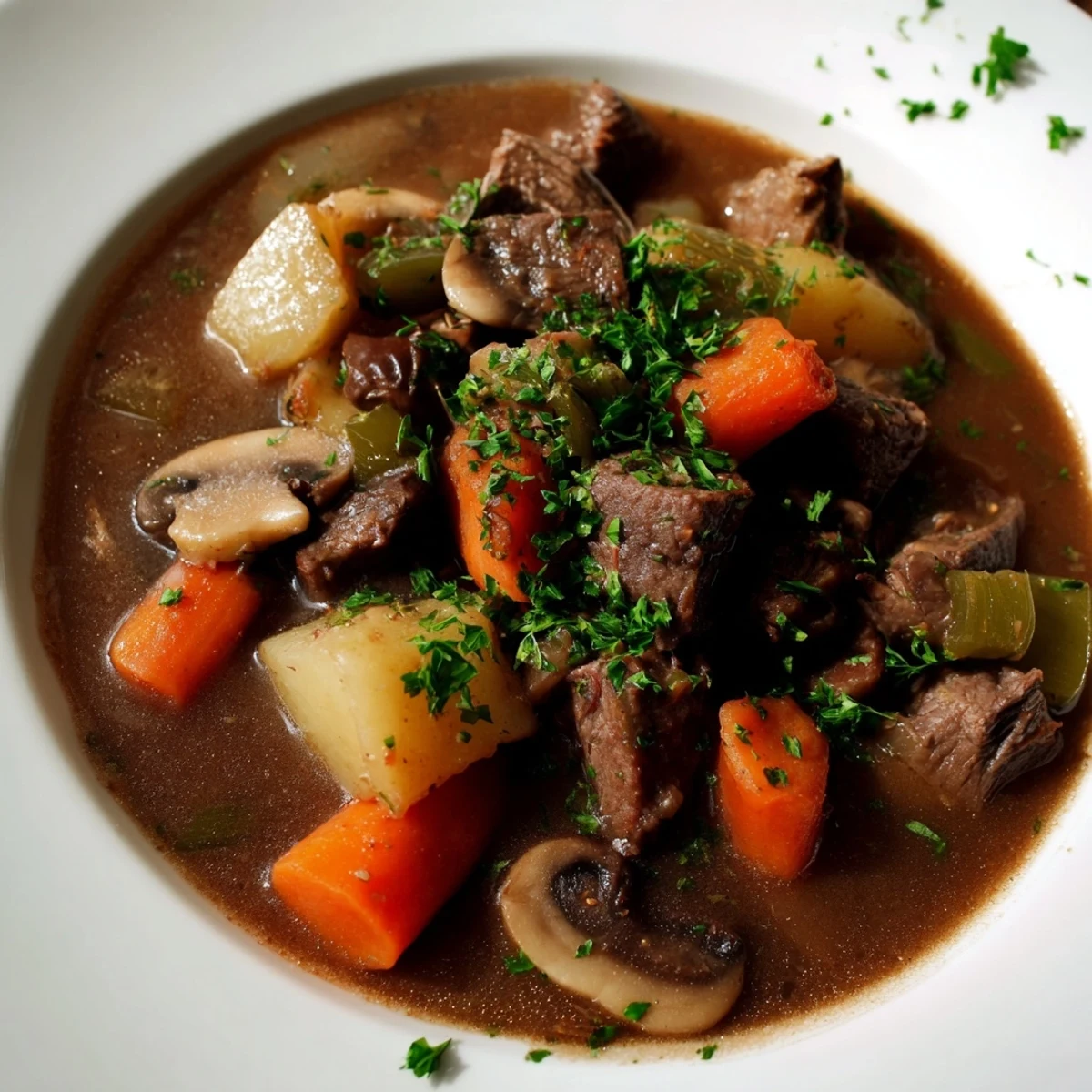 Dutch oven filled with savory St. Patricks Day Alcohol-Free Guinness-Style Stew, garnished with fresh parsley for a festive touch.