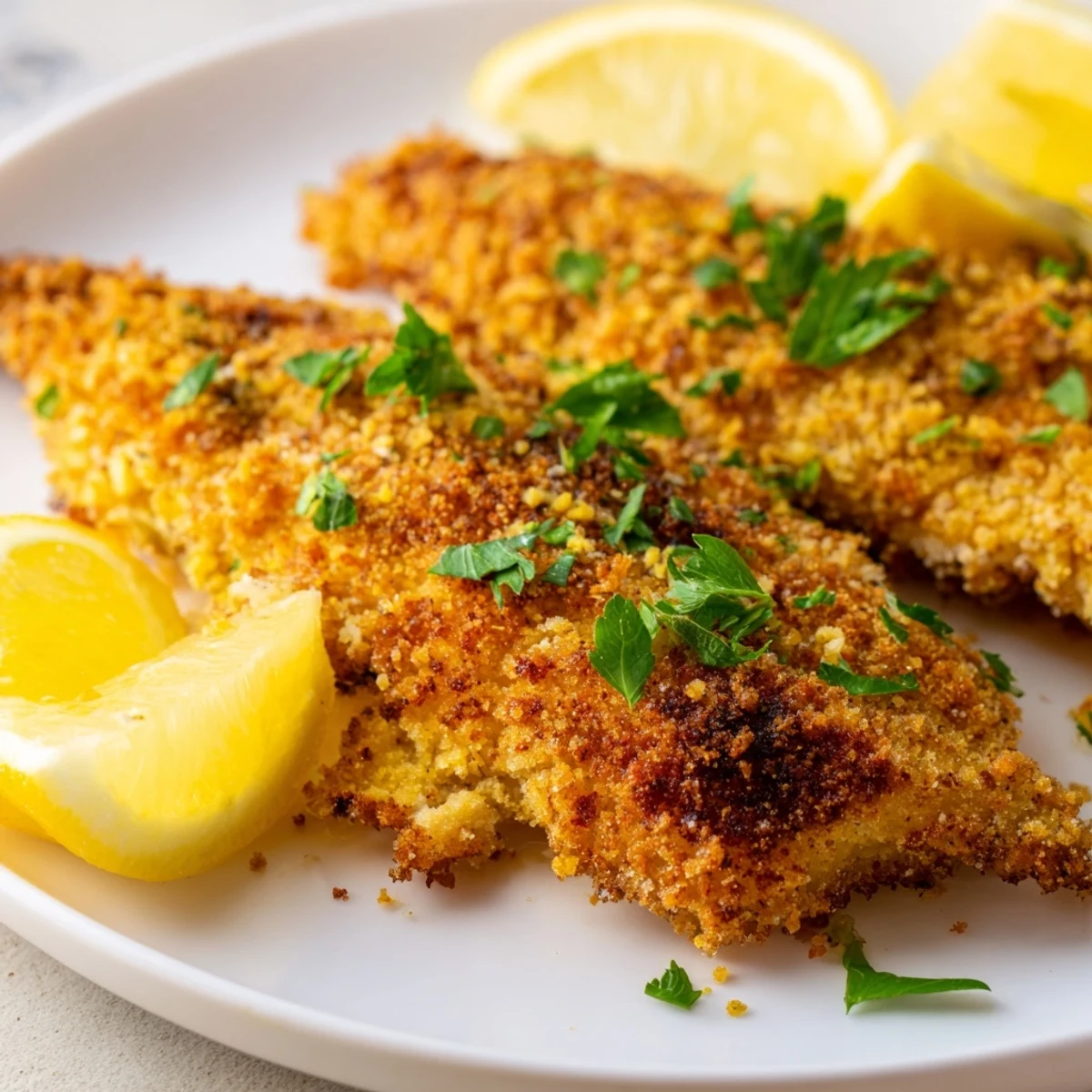 Golden-brown Louisiana Fried Catfish with crispy cornmeal coating on a plate, garnished with fresh lemon wedges and chopped parsley for serving.