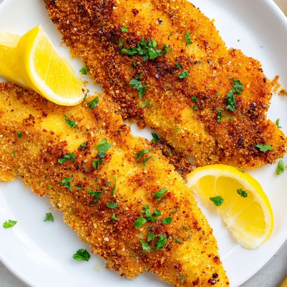 Crispy fried catfish fillets from Louisiana, served hot with lemon wedges and parsley garnish on a white plate.