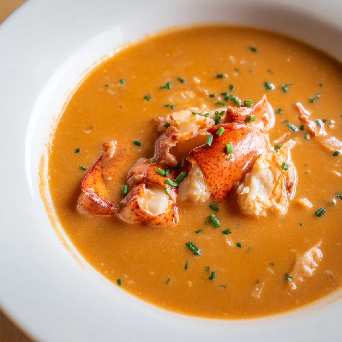 Creamy Romantic Lobster Bisque with Sherry Vinegar garnished with fresh chives in a white bowl.