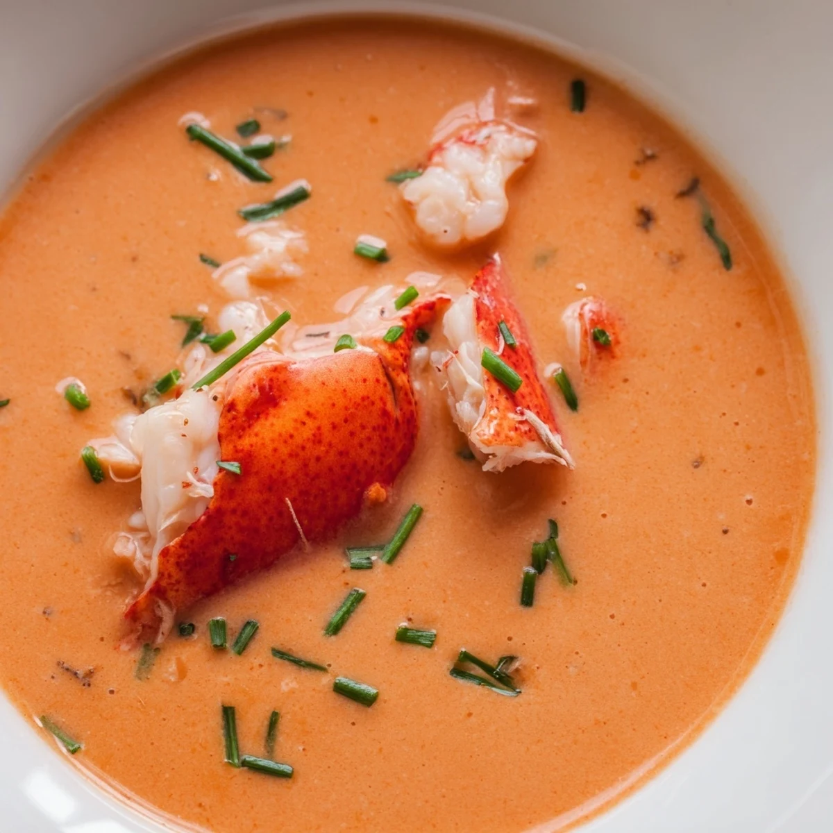 A warm bowl of Romantic Lobster Bisque with Sherry Vinegar, paired with crusty bread and white wine.