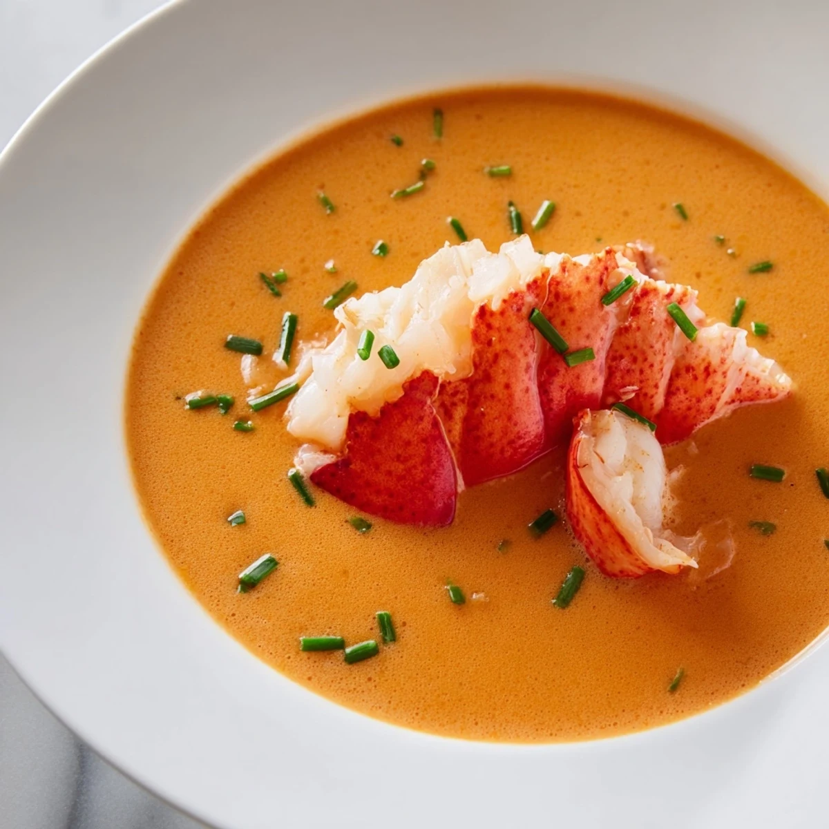Steamy Romantic Lobster Bisque with Sherry Vinegar served in a rustic mug, topped with tender lobster meat.