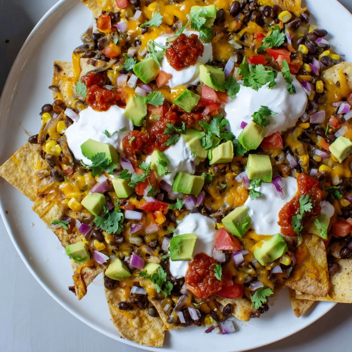 Golden-brown baked Touchdown Nachos with black beans, corn, and melted cheddar, topped with fresh pico de gallo and avocado.