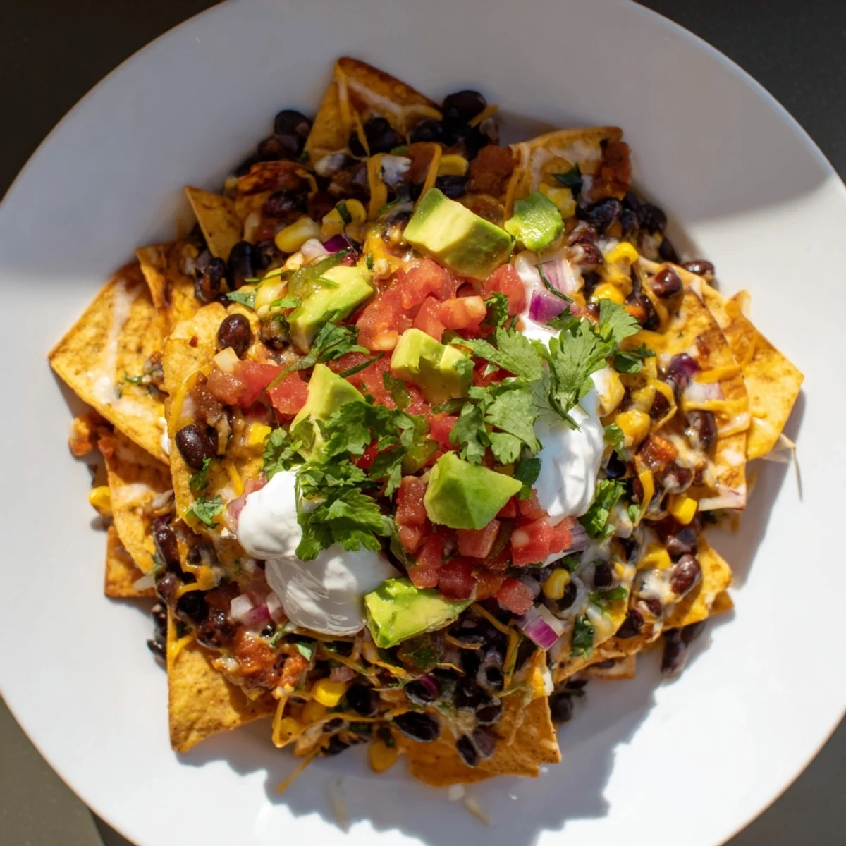 Freshly baked Touchdown Nachos piled high with Tex-Mex toppings, cilantro, and lime wedges, ready for a game day snack.