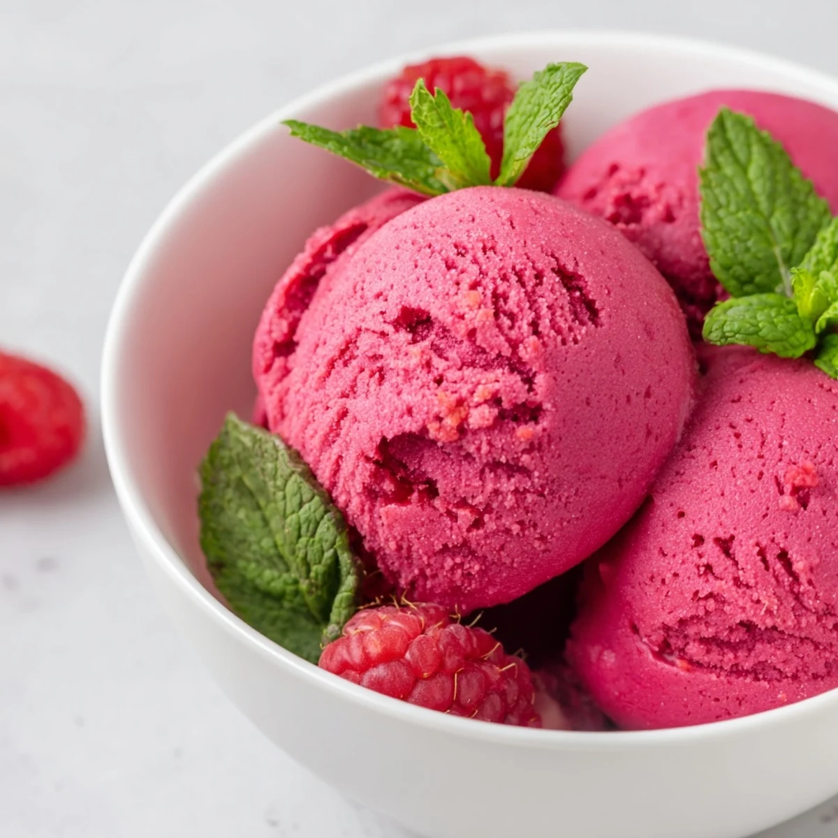 Pink Raspberry Sorbet with Fresh Mint in a chilled glass bowl, garnished with mint sprigs and fresh berries.