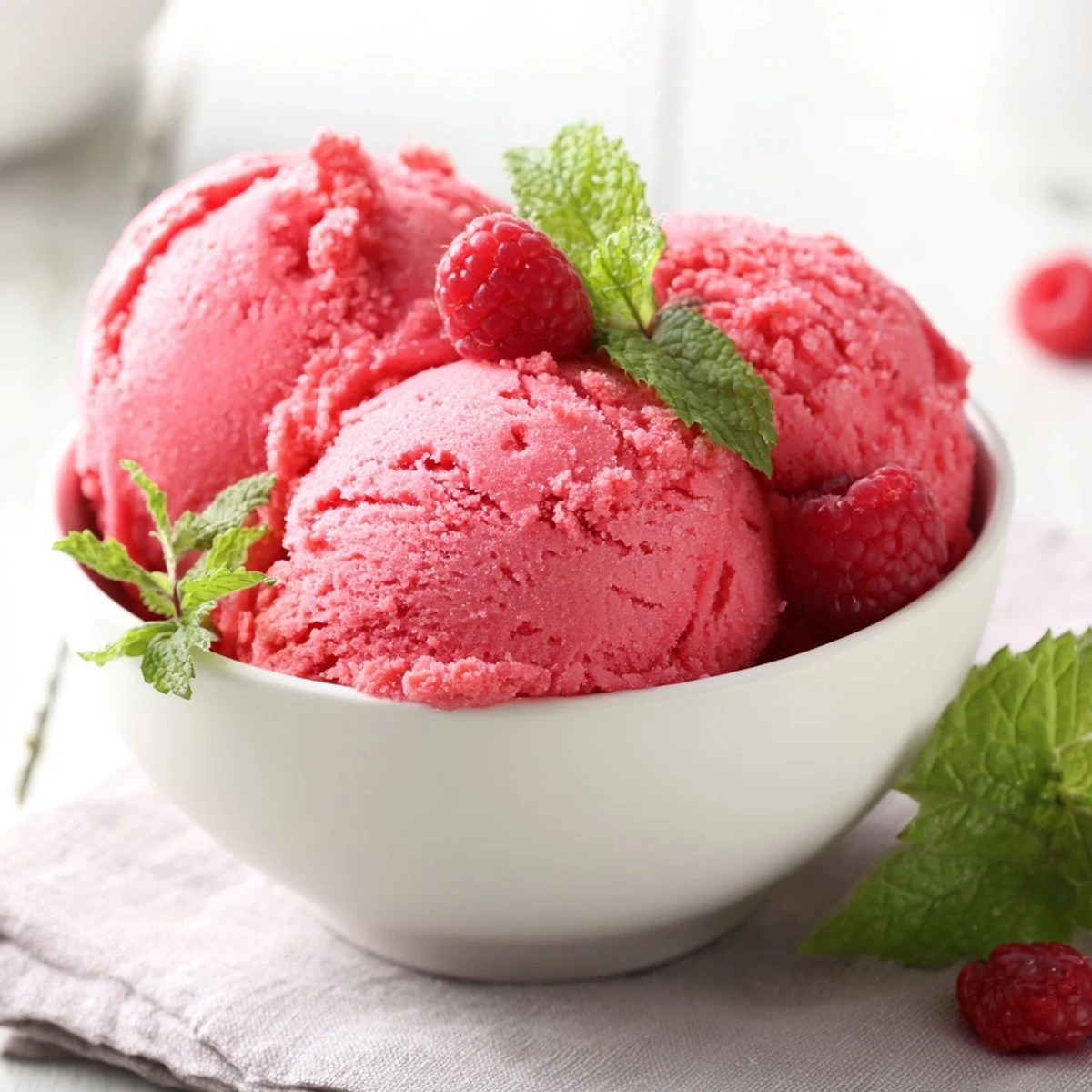 Scoops of Pink Raspberry Sorbet with Fresh Mint topped with mint leaves, served on a simple white plate.