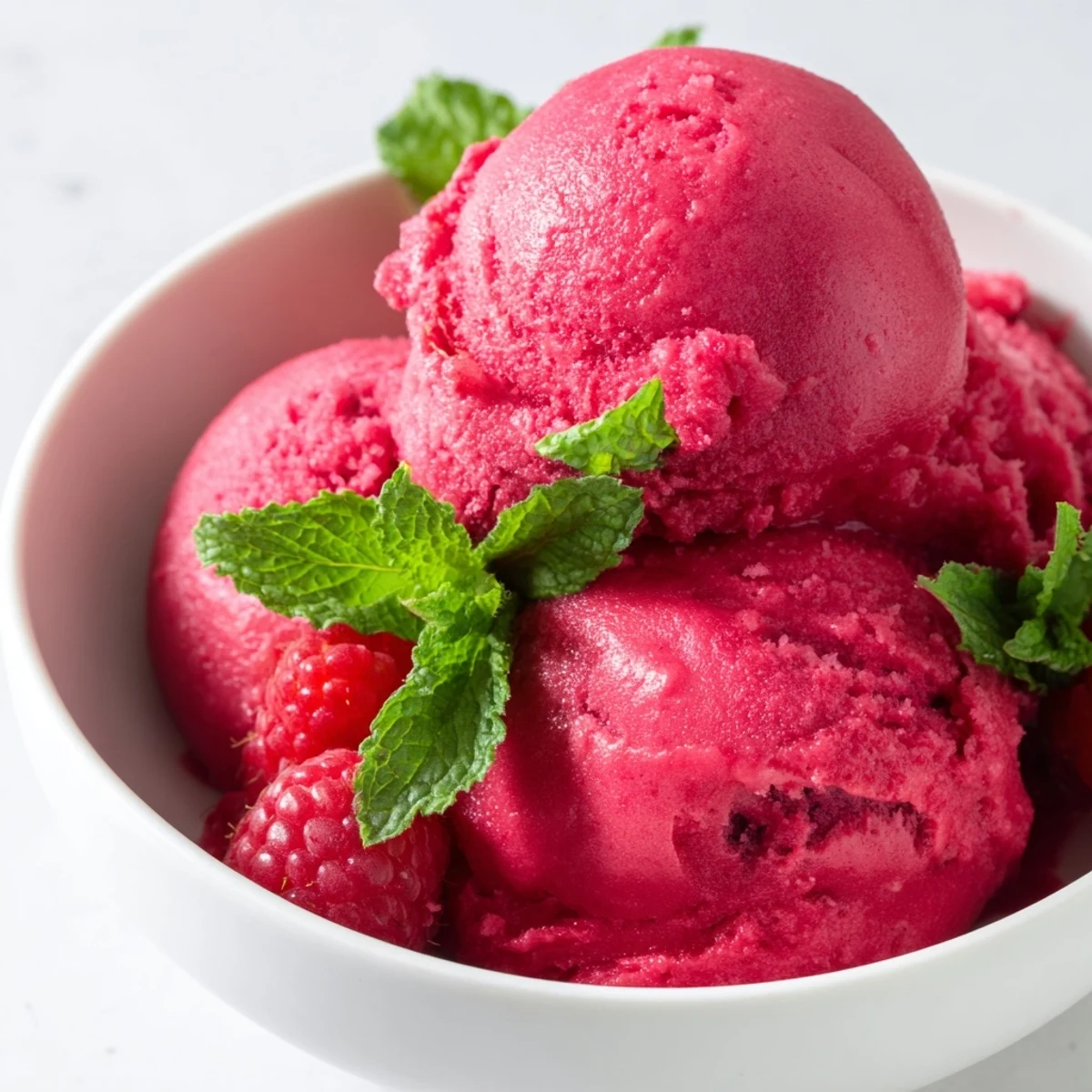 Vibrant Pink Raspberry Sorbet with Fresh Mint made from fresh raspberries, garnished with mint on a rustic table.