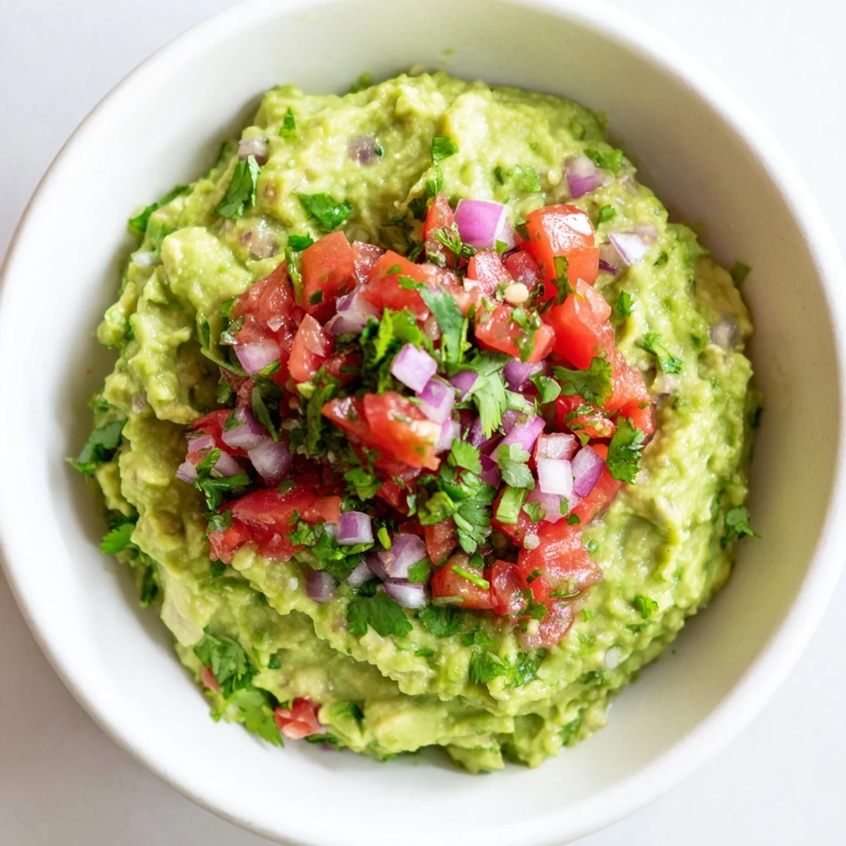 Vibrant Game Day Guacamole and salsa dip garnished with jalapeño and red onion, ready for a Super Bowl party.