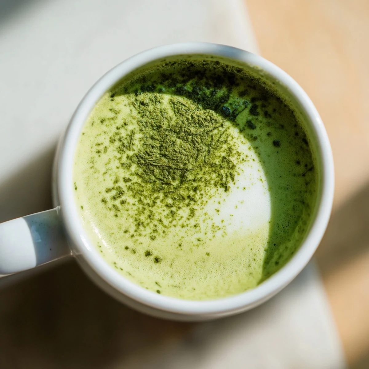 A vibrant green Matcha Latte with Almond Milk in a white ceramic mug, topped with delicate foam and a light dusting of matcha powder.