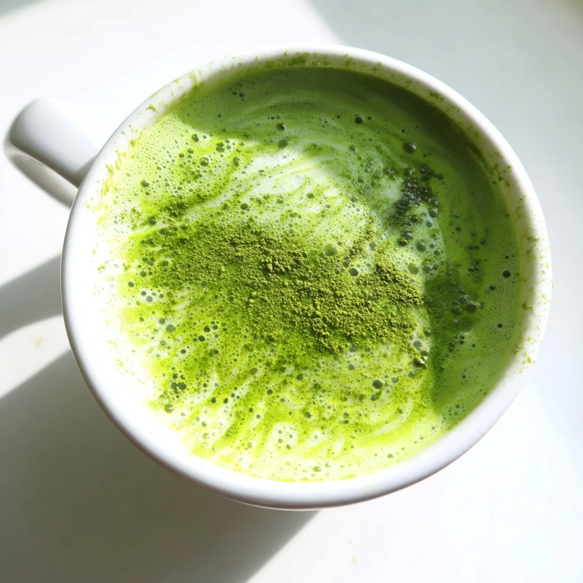 Iced Green Matcha Latte with Almond Milk over clear ice cubes, garnished with a bamboo whisk, showcasing a refreshing vegan beverage option.