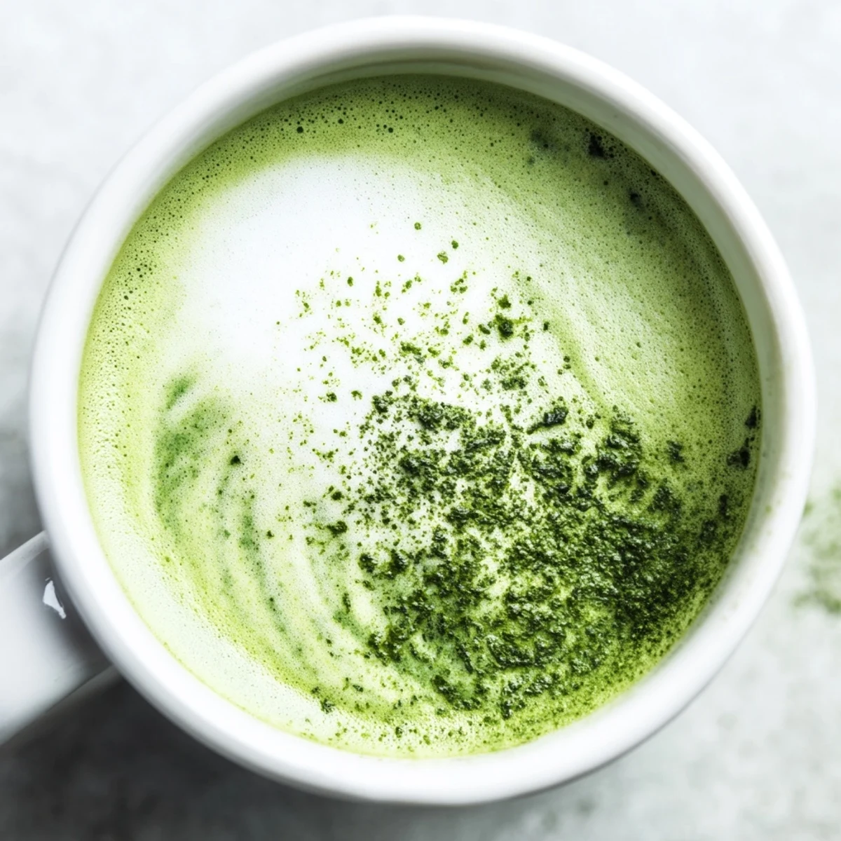 Ceramic mug holding a creamy Green Matcha Latte with Almond Milk, steaming hot and ready to sip alongside a small whisk on a wooden table.