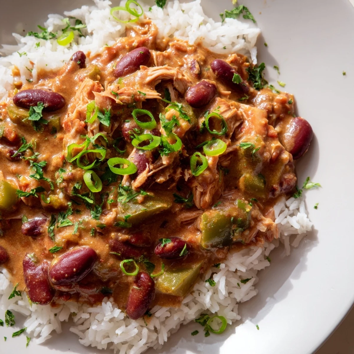 A serving of Creole Red Beans and Rice with Smoked Turkey, featuring creamy beans, tender shredded meat, and fluffy white rice topped with fresh green onions.