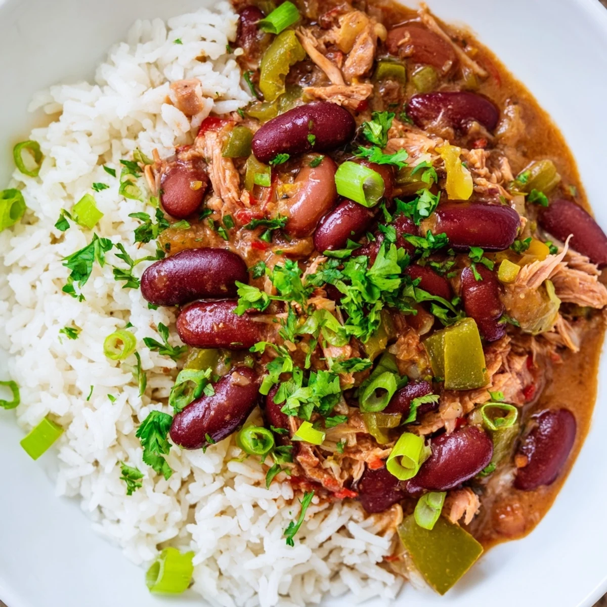 A hearty bowl of Creole Red Beans and Rice with Smoked Turkey, garnished with fresh parsley and sliced green onions, ready to be enjoyed.