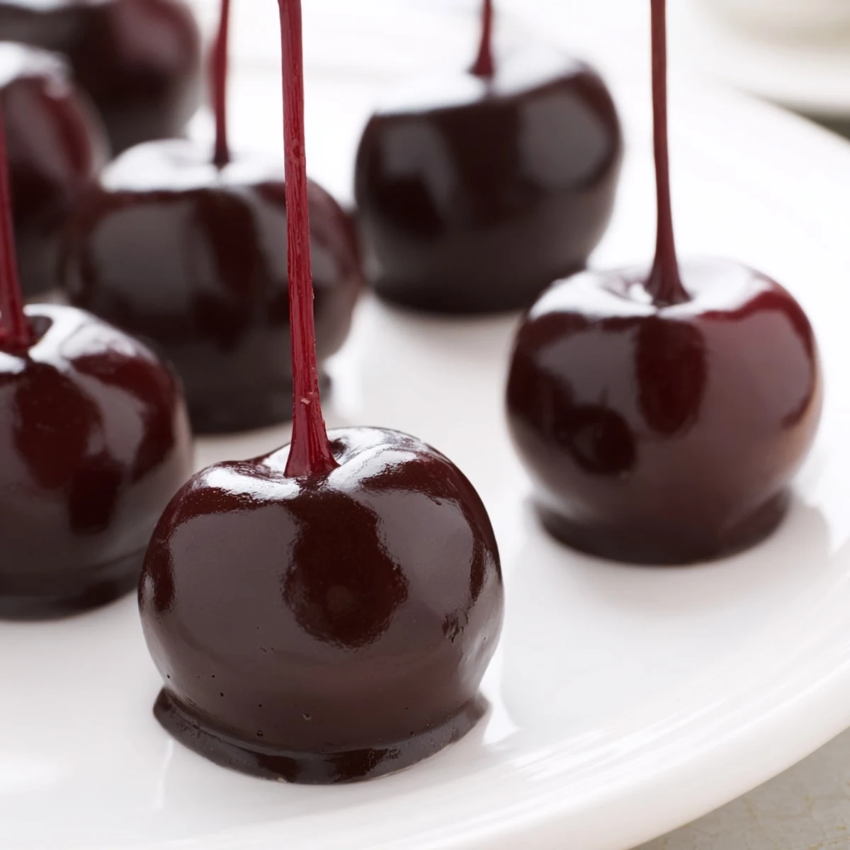 Handmade chocolate covered cherries with fondant on a white plate, ready to serve as a sweet party treat.