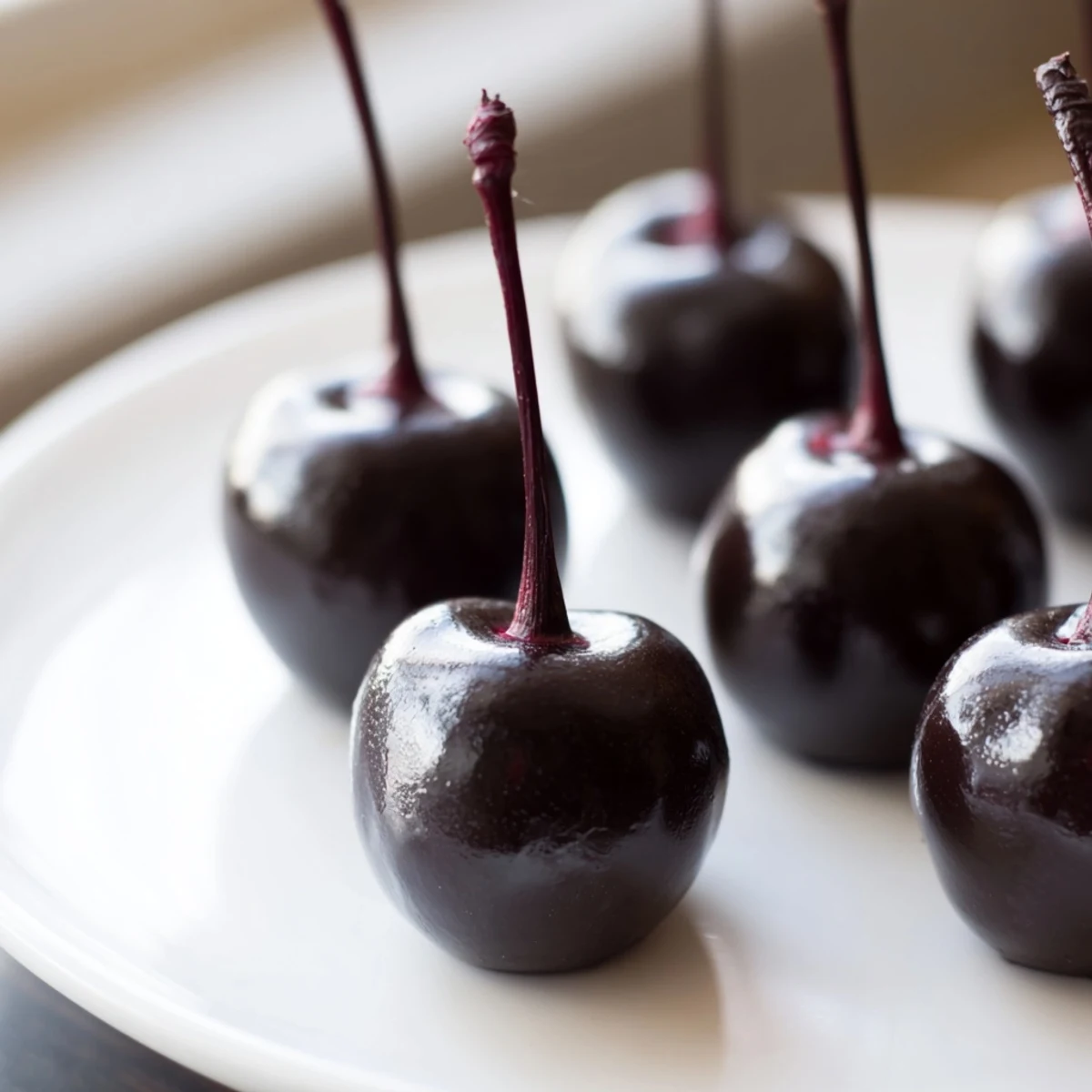 Rich chocolate covered cherries with fondant centers, showing a smooth glossy coating and bright red stems for presentation.