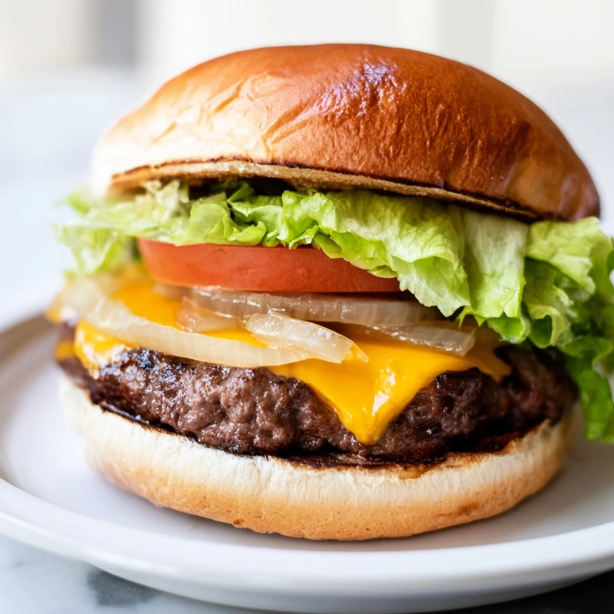 Golden-brown Classic Beef Burgers with Caramelized Onions on a toasted bun with melted cheese.