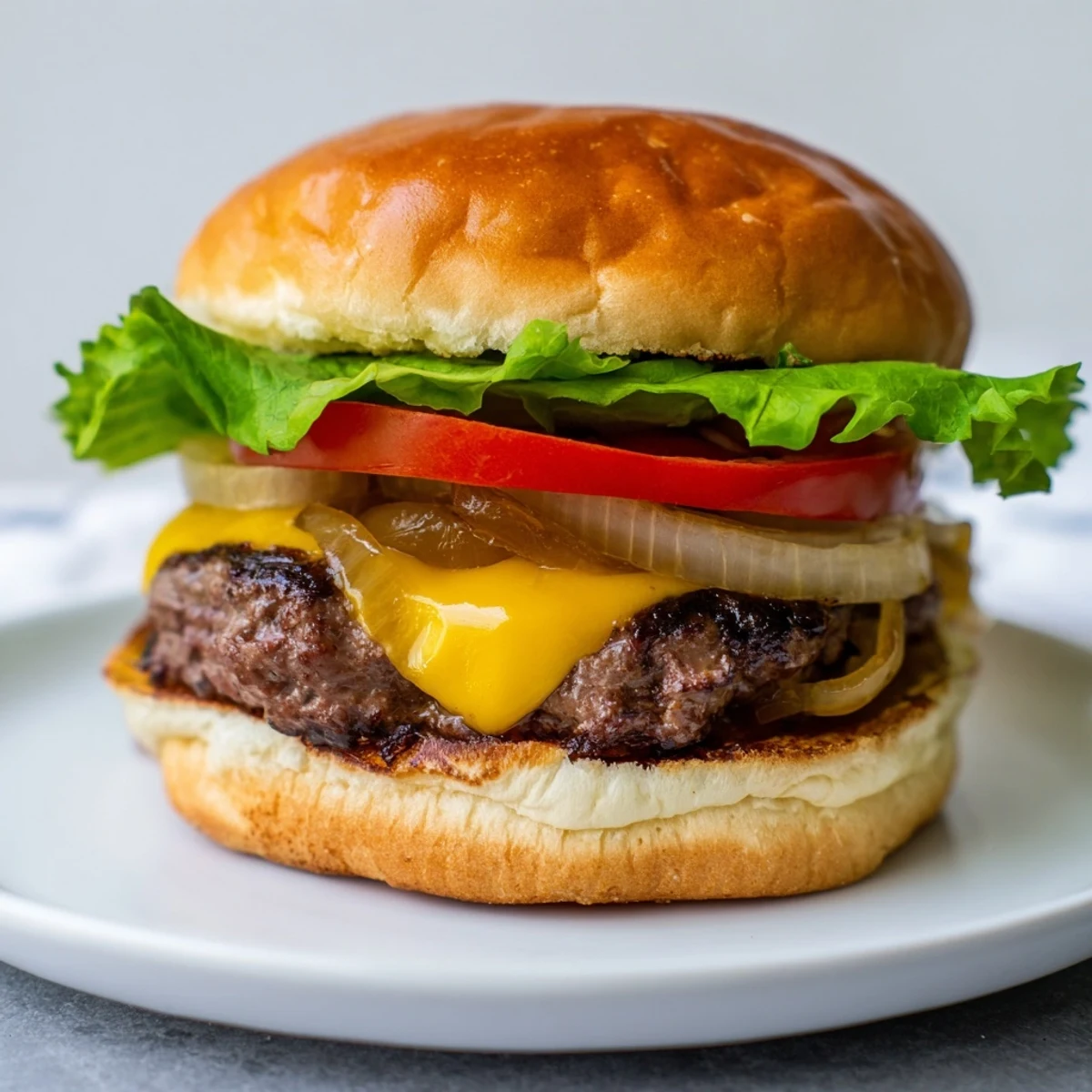Sizzling Classic Beef Burgers with Caramelized Onions topped with melty cheddar on a plate.