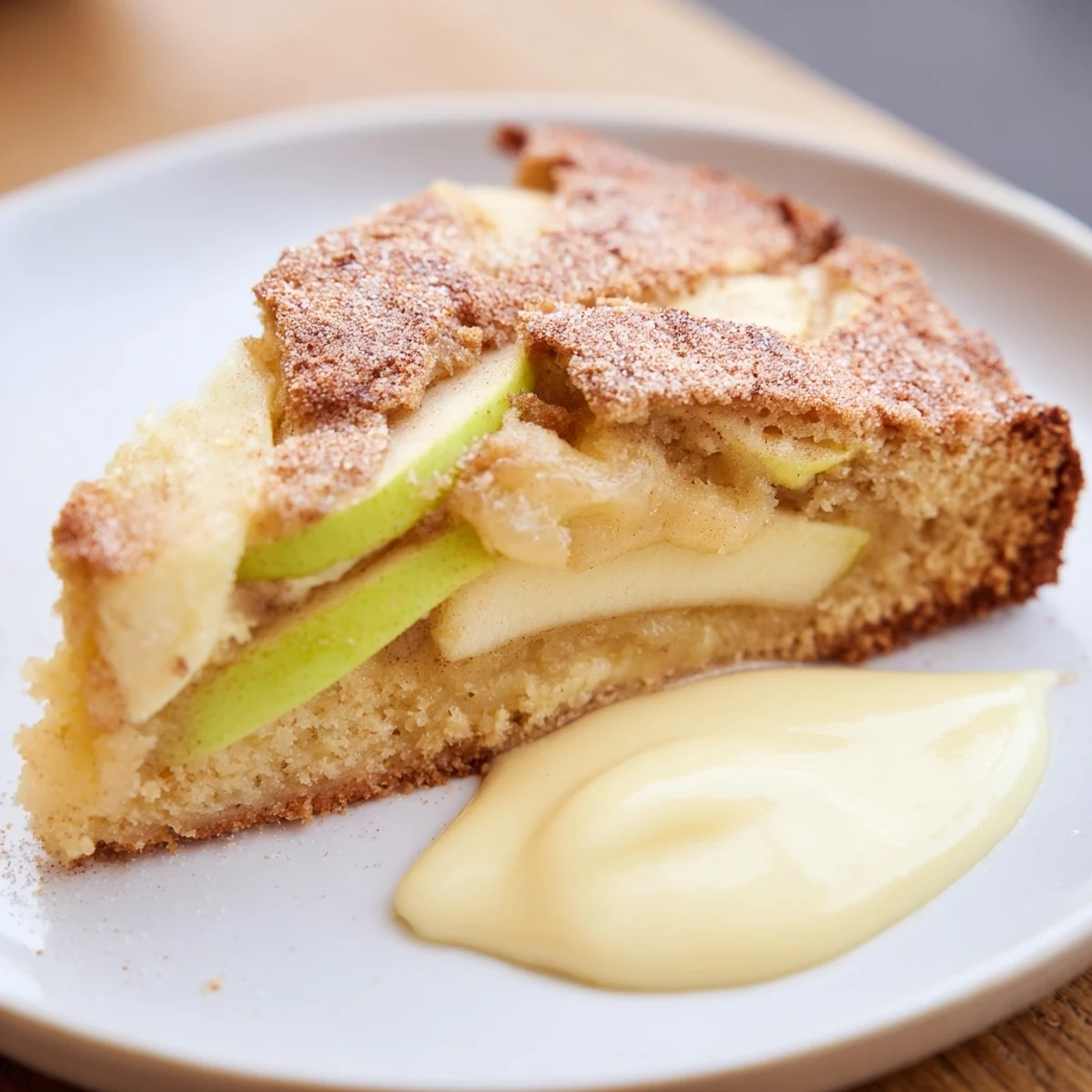 Freshly baked Irish Apple Cake with Vanilla Custard emerges from the oven with a golden crust, served warm in a rustic skillet.