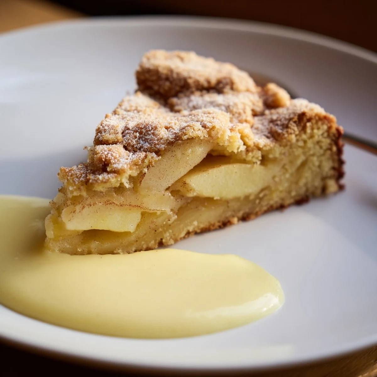 Slice of Irish Apple Cake with Vanilla Custard reveals tender apple pieces nestled in moist cake, ready to be enjoyed with tea.