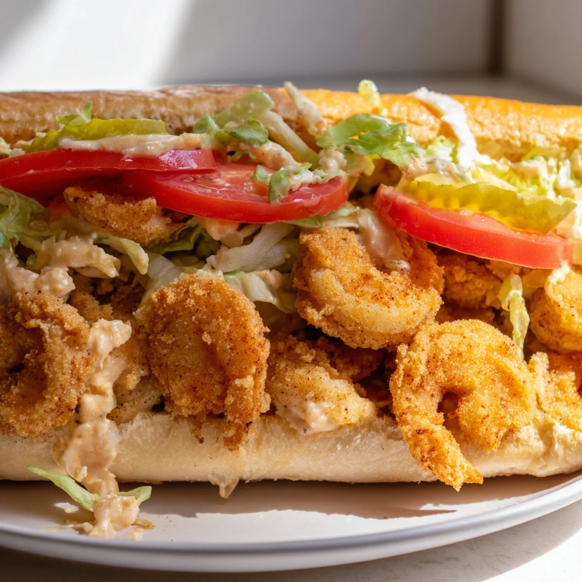 Crispy fried shrimp po boy sandwich with remoulade sauce on a split French roll, topped with shredded lettuce and tomato slices.