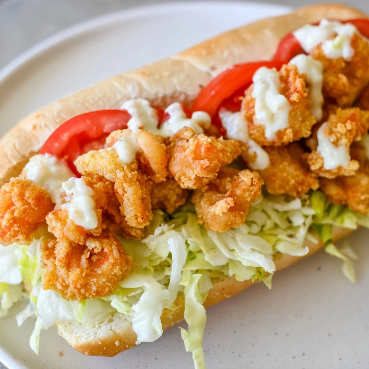Freshly assembled shrimp po boy with crispy coating, juicy tomato slices, and chilled remoulade sauce on a French bread roll.