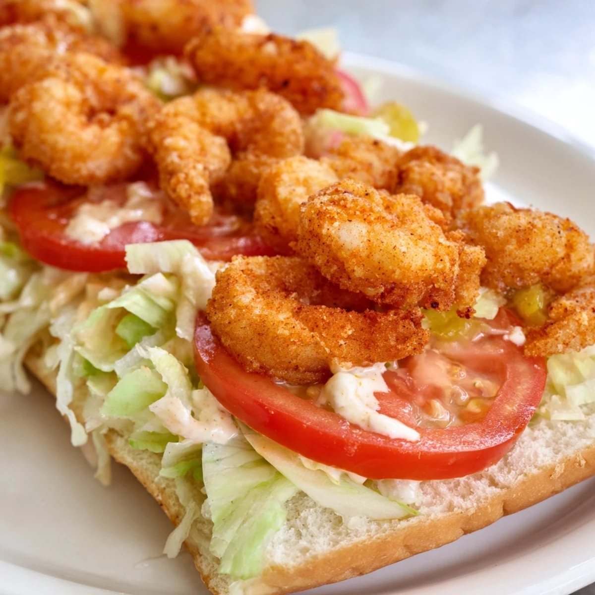 Classic Southern shrimp po boy filled with golden fried shrimp, fresh vegetables, and creamy remoulade sauce on a toasted bun.