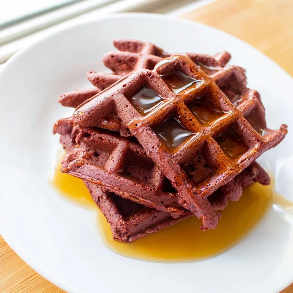 Golden-brown Red Velvet Waffles with Syrup dripping with sweet maple syrup.