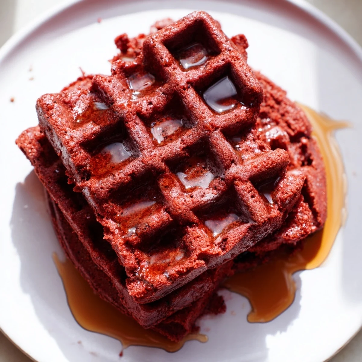 Freshly cooked Red Velvet Waffles with Syrup served with a dollop of whipped cream.