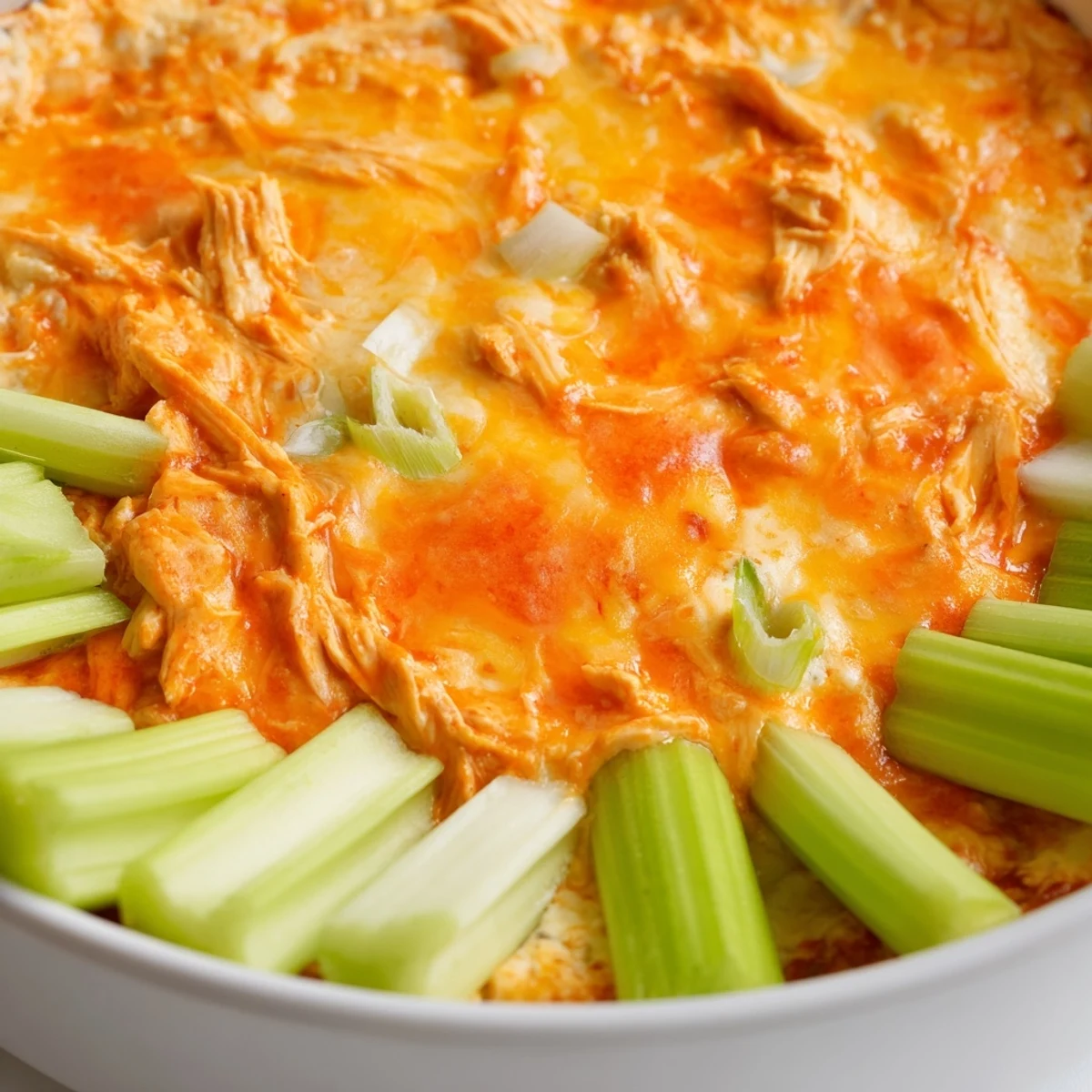 Hot, bubbly Spicy Buffalo Chicken Dip served with crisp celery sticks in a white dish.