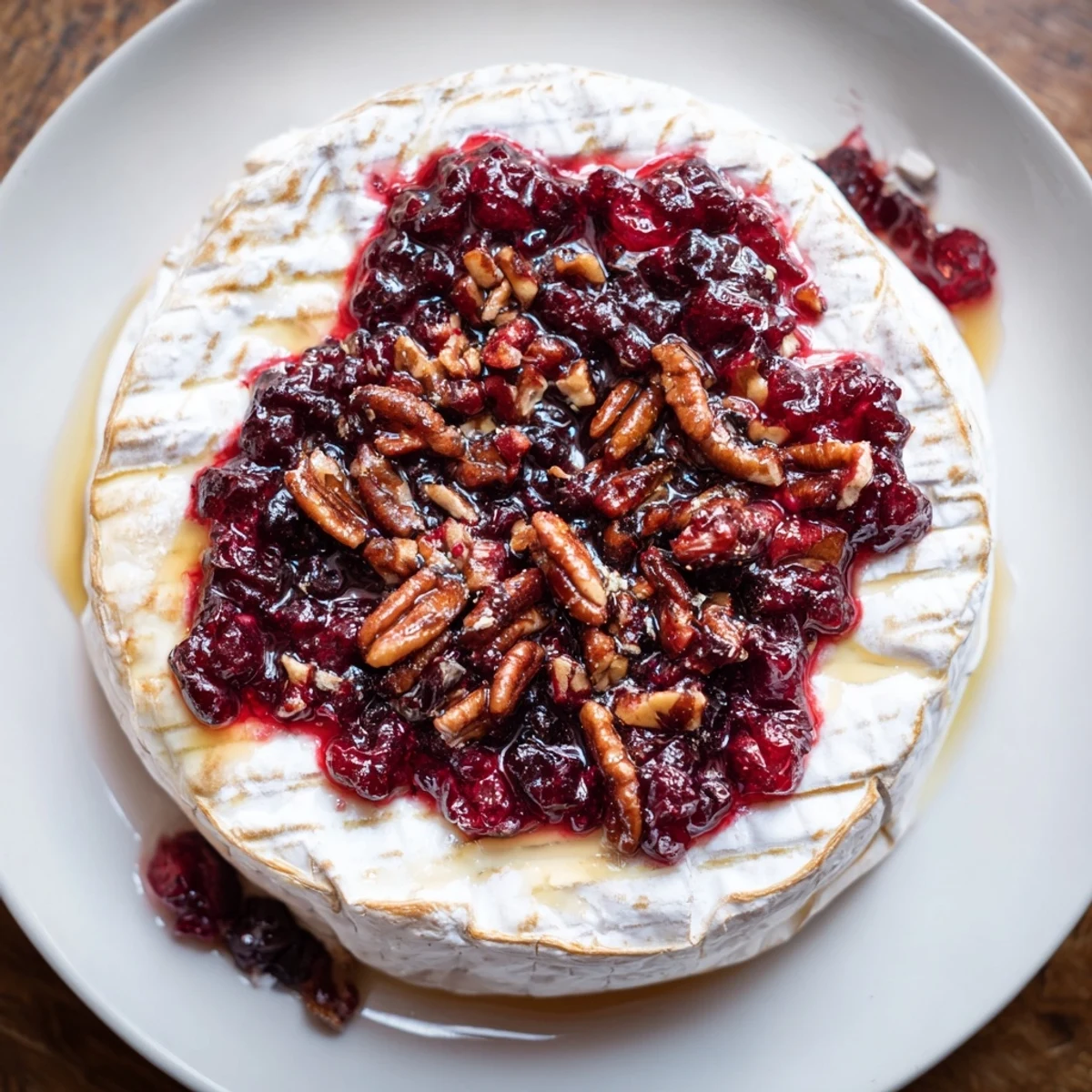 Golden Baked Brie with Cranberry and Pecan bubbling in a dish, topped with sweet red sauce and crunchy nuts.