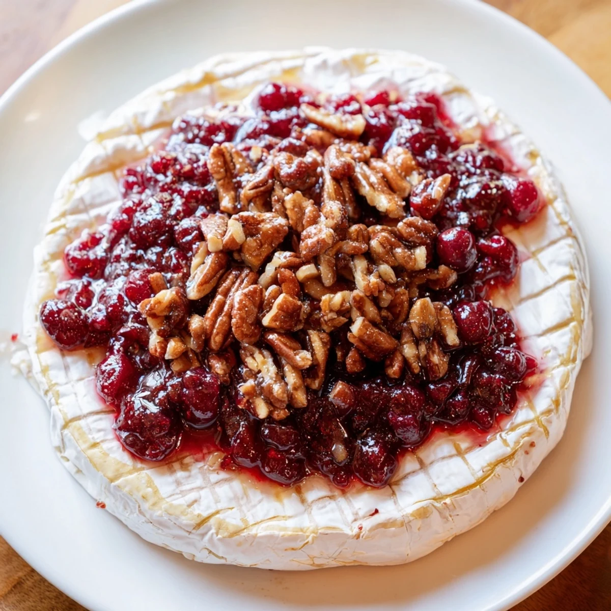 Freshly baked Brie with Cranberry and Pecan served with sliced baguette, rosemary garnish, and warm melted cheese.