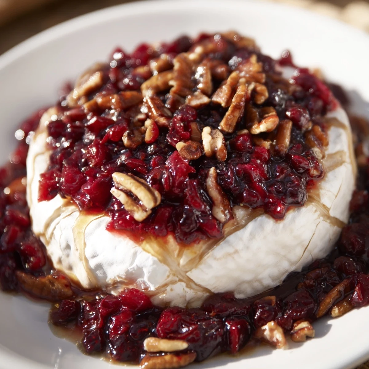 Festive Baked Brie with Cranberry and Pecan appetizer on a wooden board, honey drizzle, and toasted pecans.