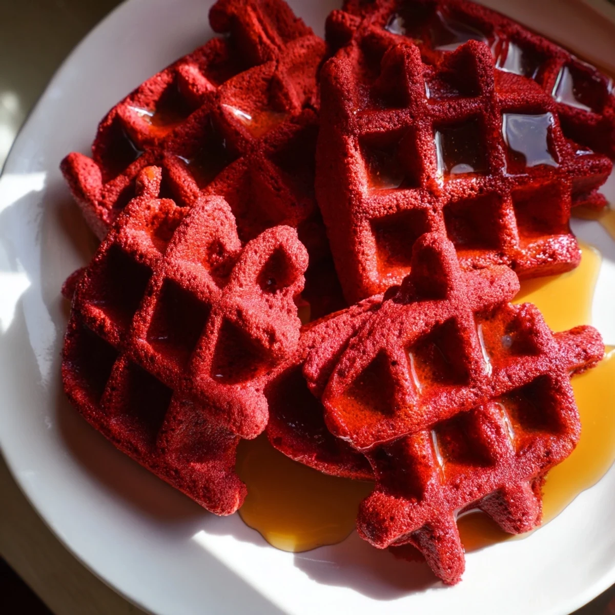 Bright, vibrant red velvet waffles glistening with maple syrup, served warm with a dollop of whipped cream on a rustic breakfast plate.