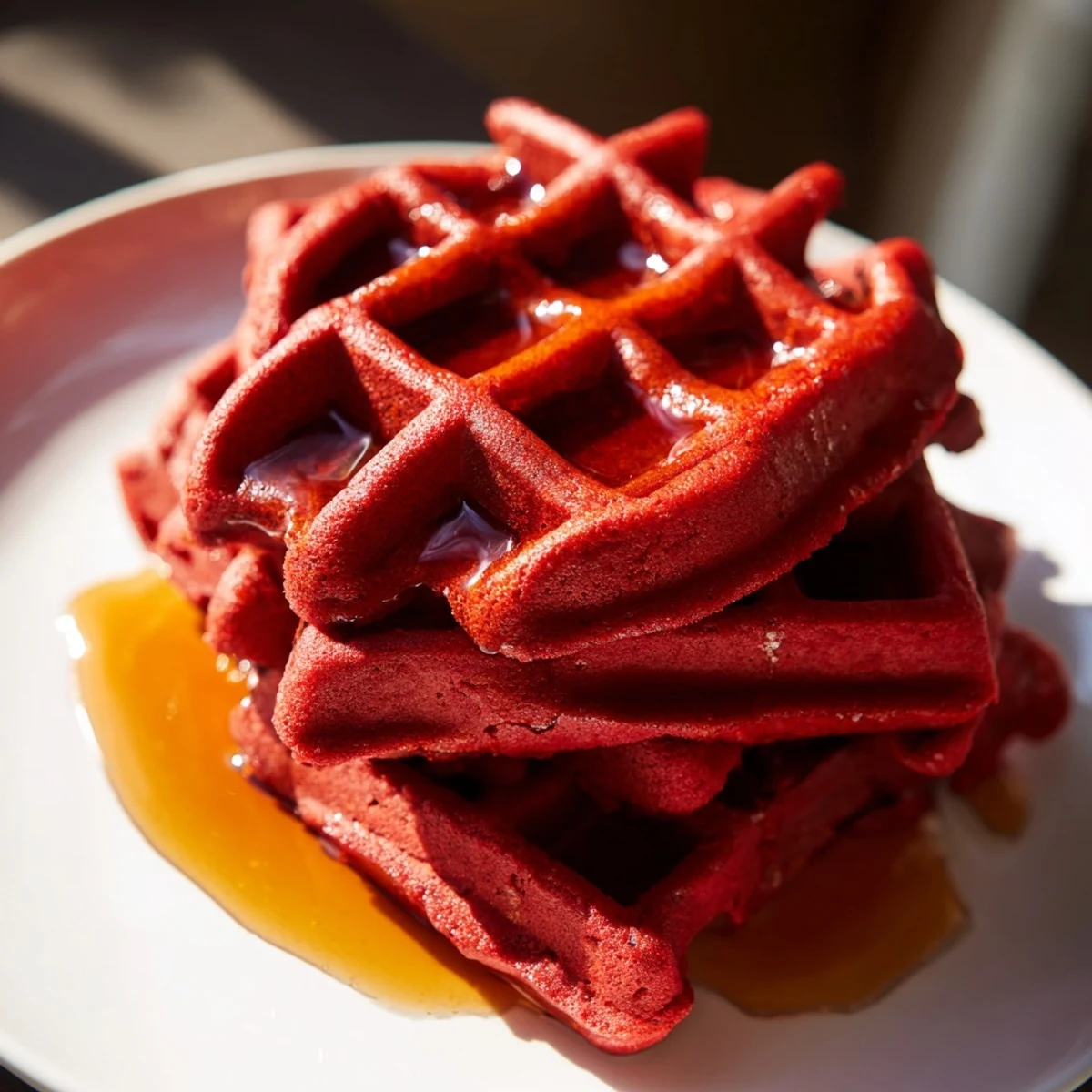 A close-up of fluffy red velvet waffles, a hint of cocoa in the batter, drizzled generously with sweet, amber maple syrup.