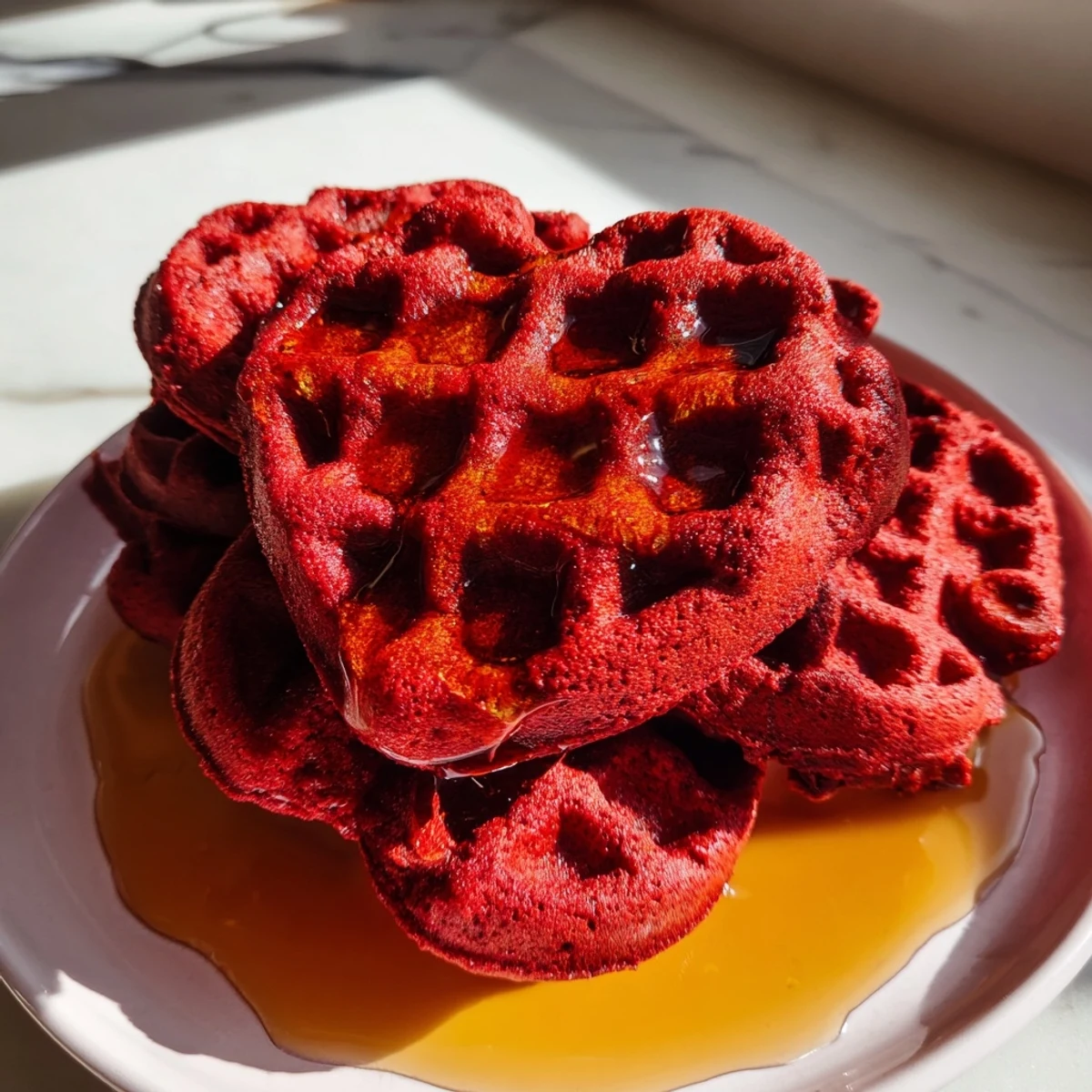 Stack of golden, crispy red velvet waffles topped with fresh berries and a pour of maple syrup, perfect for a special morning.