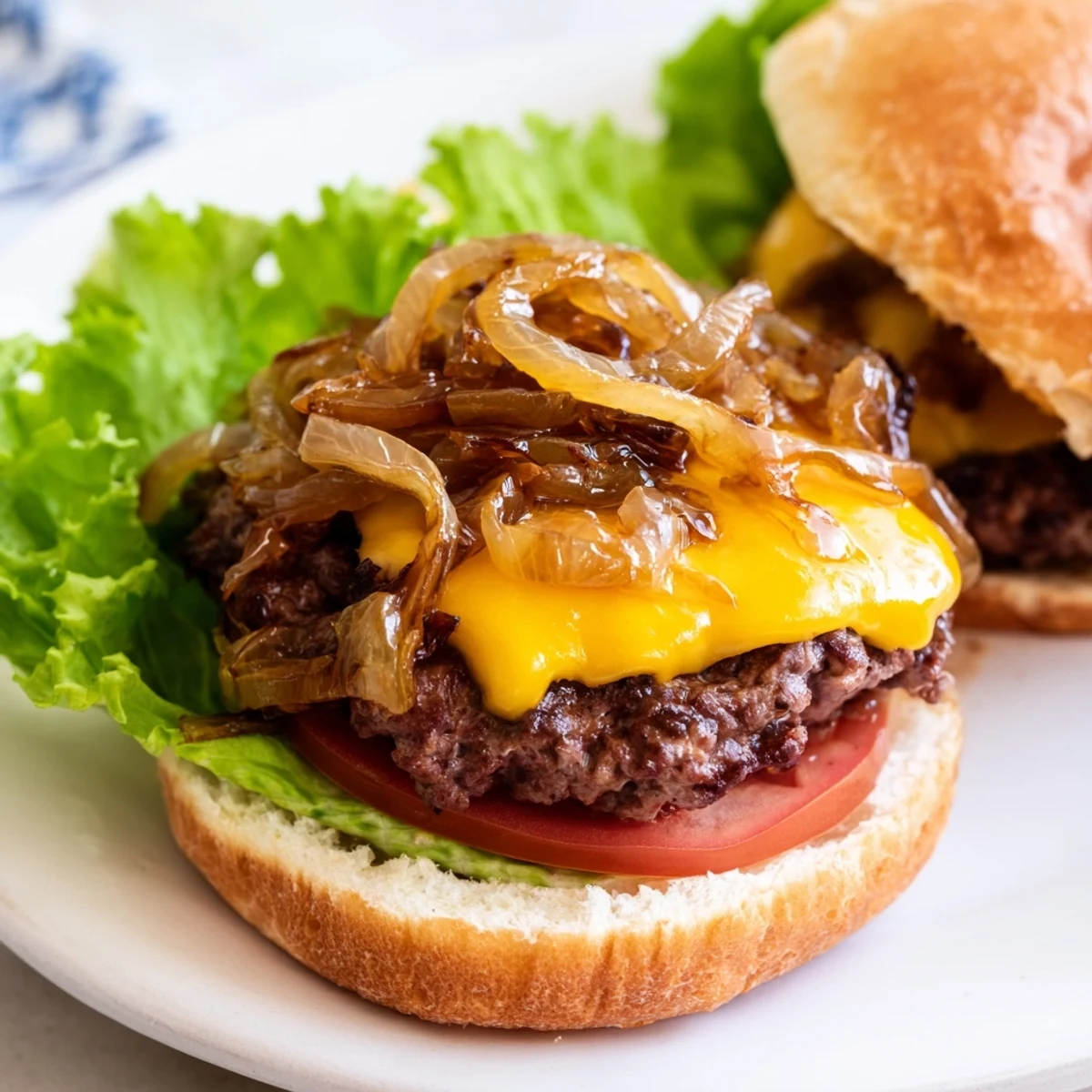 Golden caramelized onions top juicy grilled beef patties on toasted buns in this classic burger recipe.