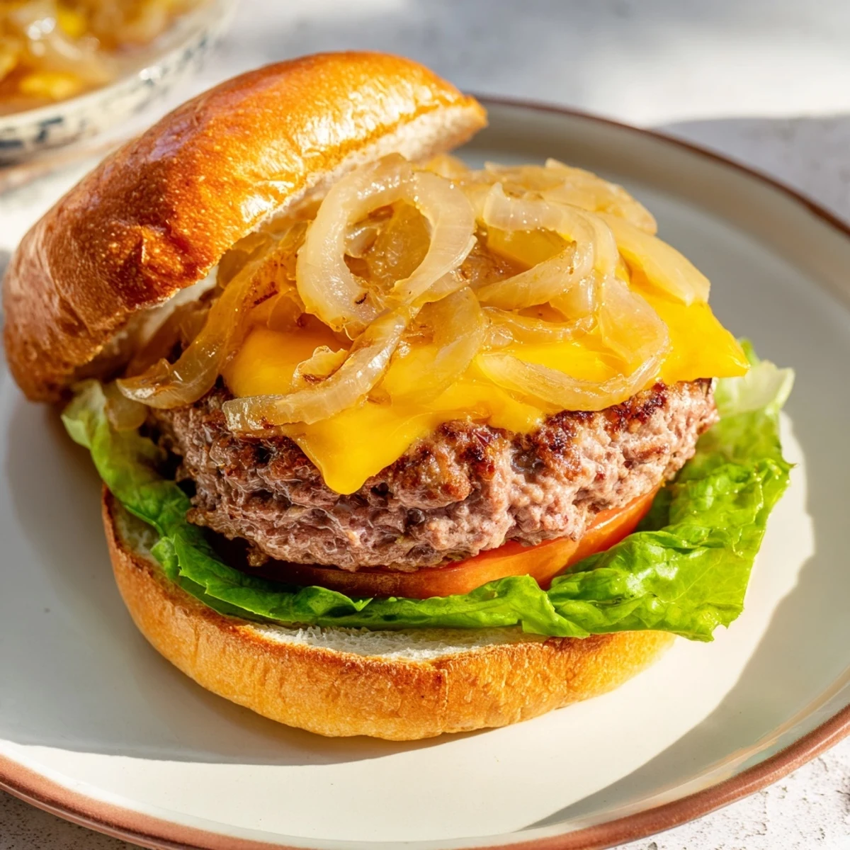 Melted cheddar crowns these savory Classic Beef Burgers with Caramelized Onions, perfect for summer cookouts.