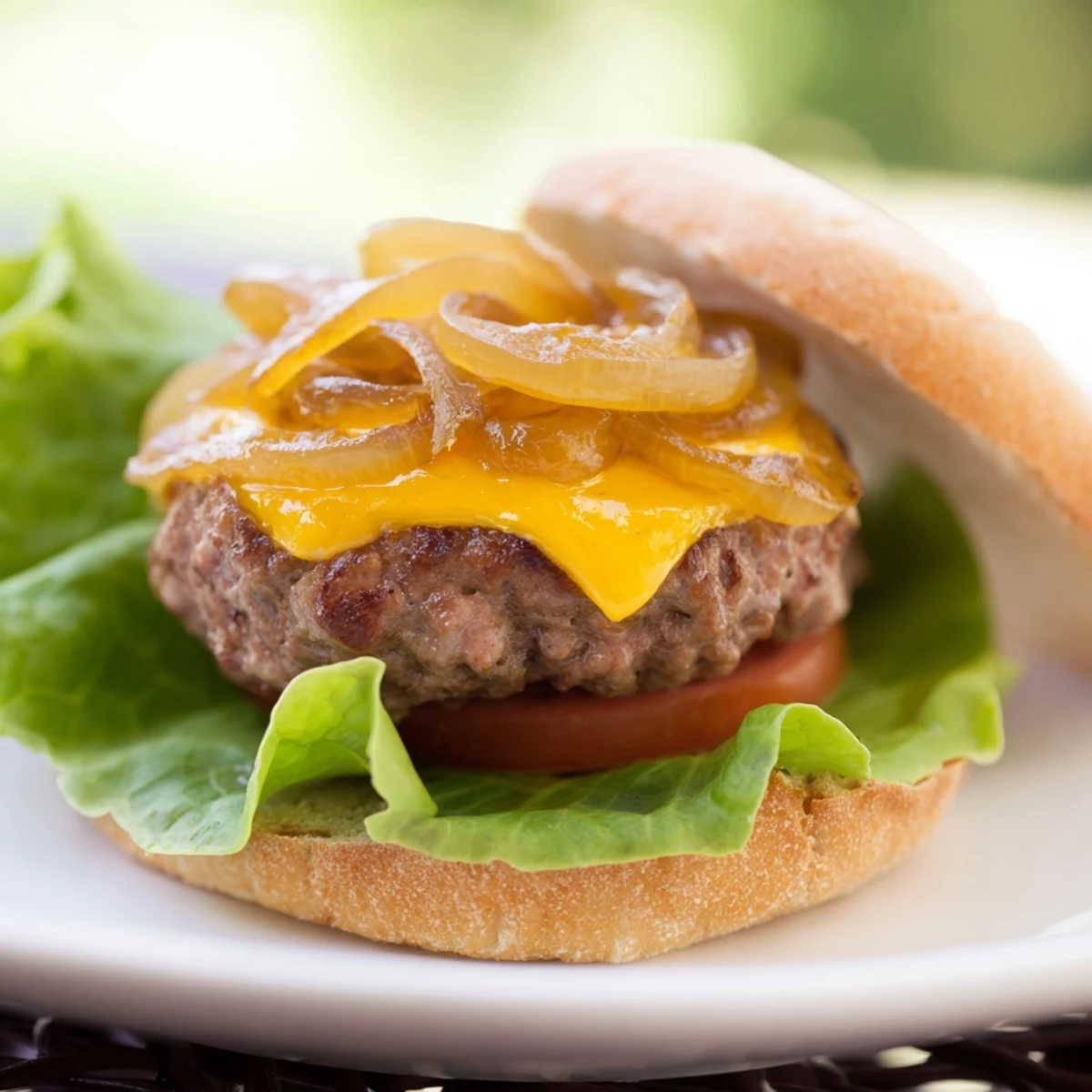 Classic Beef Burgers with Caramelized Onions are served with crisp lettuce, tomato, and pickles.