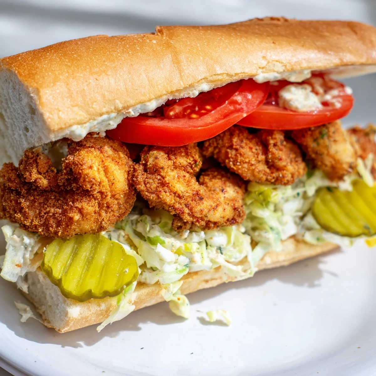 Golden fried Southern Shrimp Po Boy sandwiches are piled high with crisp lettuce, juicy tomatoes, and tangy pickles on a toasted baguette.
